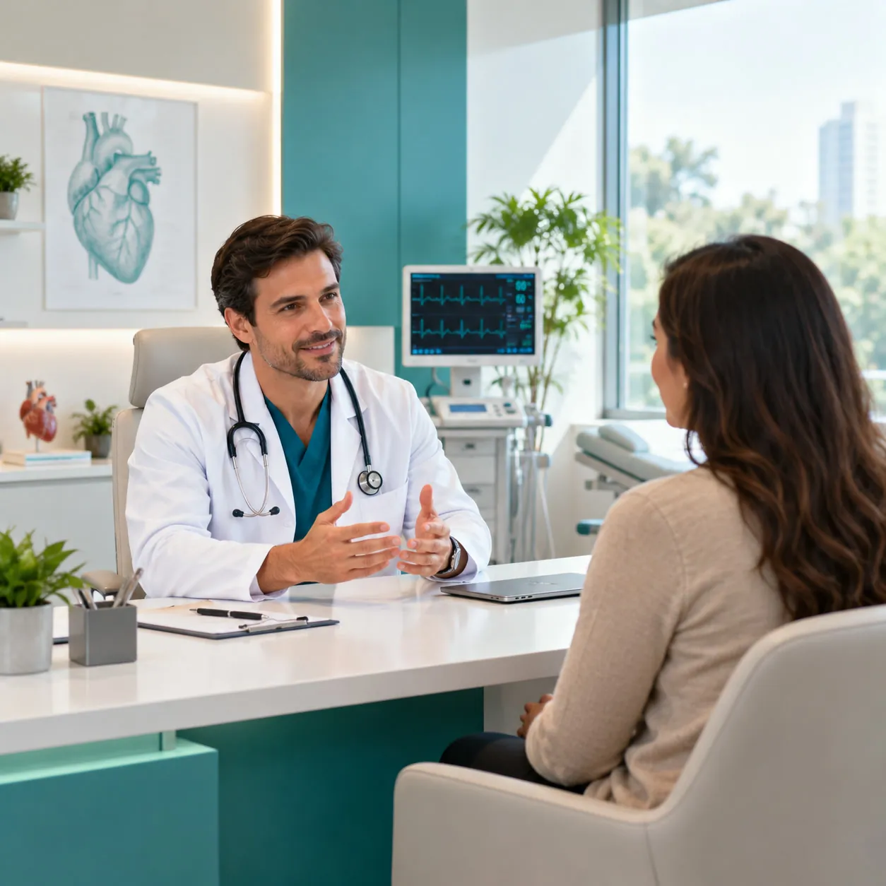 Consulta cardiológica com médico e paciente em ambiente acolhedor